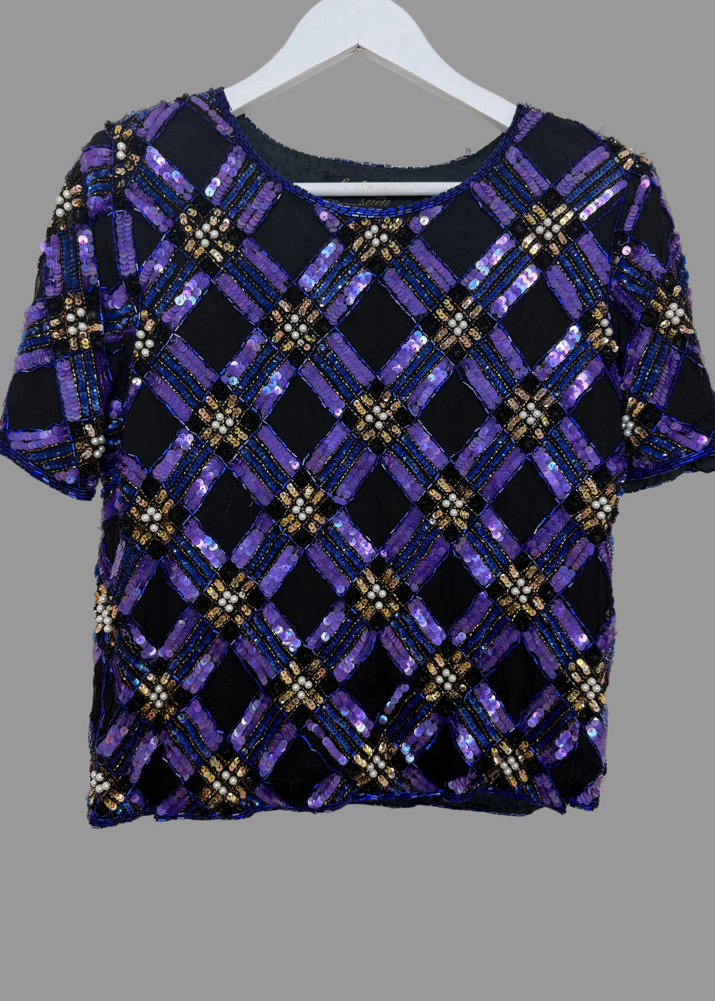 Kuku de Sudi 1980s Vintage Purple Black Sequin & Pearl Embellished 100% Silk Top - Medium