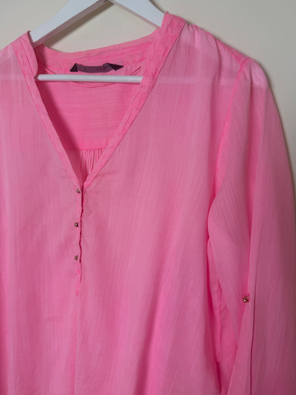 Zara Basic Neon Pink Sheer Cotton Ramie V Neck Blouse XL