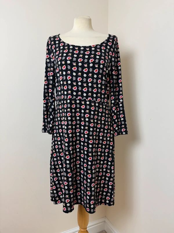 Boden Miriam Tunic Dress Black Geometric Floral Bell Sleeve Jersey UK16L