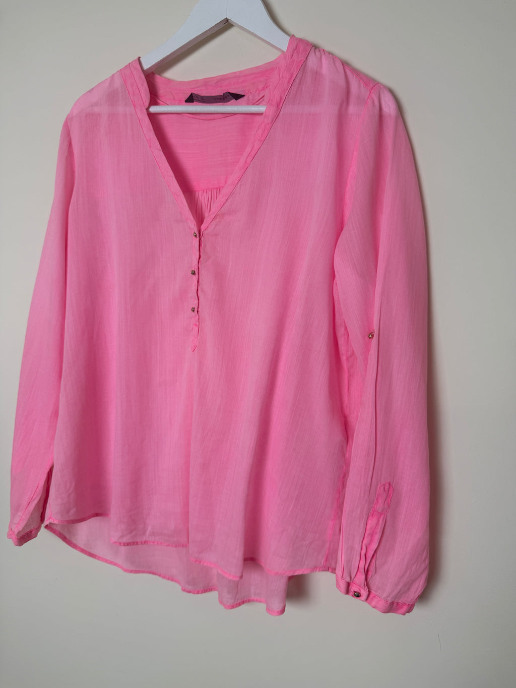 Zara Basic Neon Pink Sheer Cotton Ramie V Neck Blouse XL