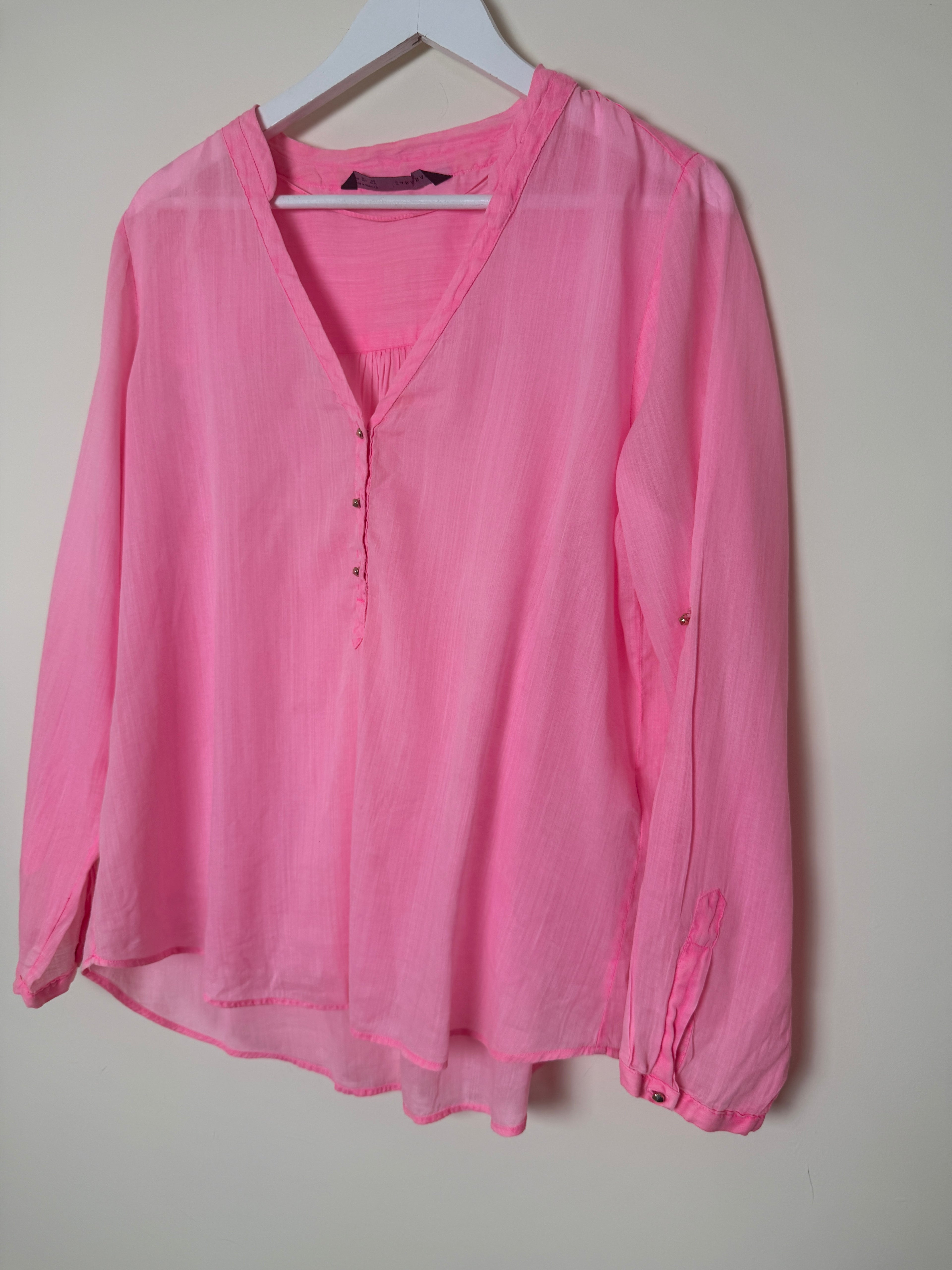 Zara Basic Neon Pink Sheer Cotton Ramie V Neck Blouse XL