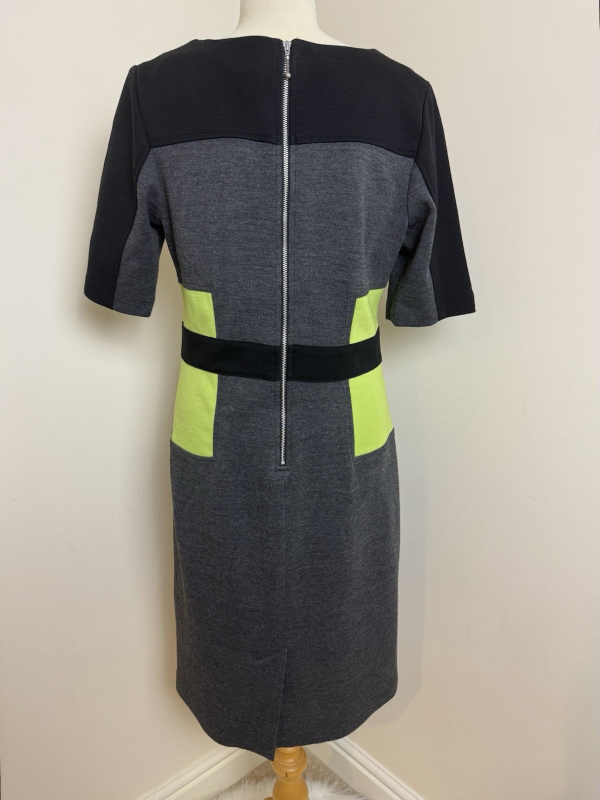 Roman Grey Black Lime Green Panel Dress - Size 14