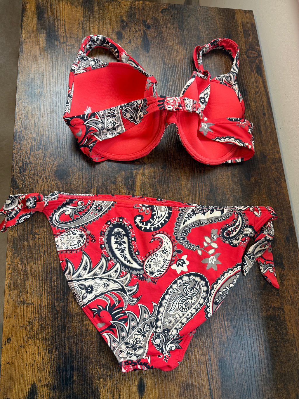 M&S Red Paisley Underwired Bikini Set 36E Top UK 16 Tie Side Swimwear