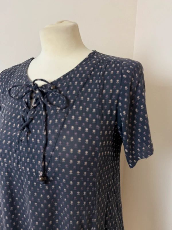 Fat Face Dark Purple Patterned Shift Dress Boho Lace Up Pockets UK6