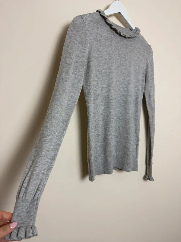 Warehouse Grey Ribbed Ruffle Neck Jumper - UK6