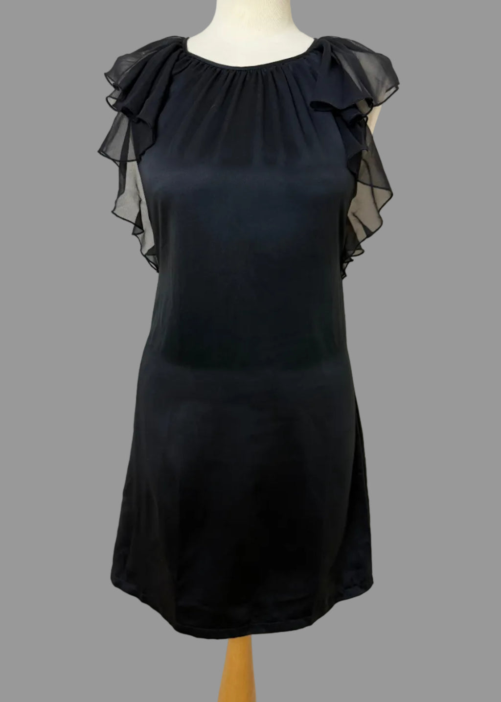 Lipsy BNWT Black Satin Lined Mini  Dress with Sheer Ruffled Sleeves - UK8