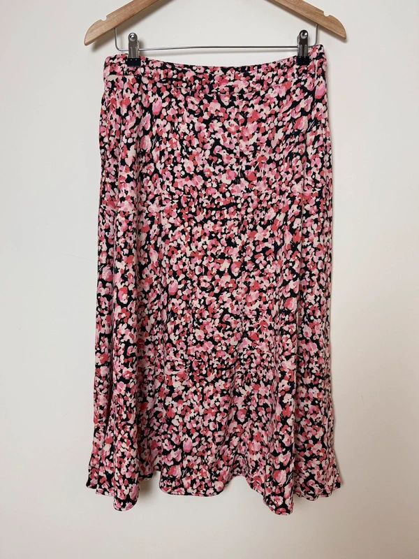 Oliver Bonas Pink Black Ditsy Floral Midi Skirt Flared Button Detail UK10