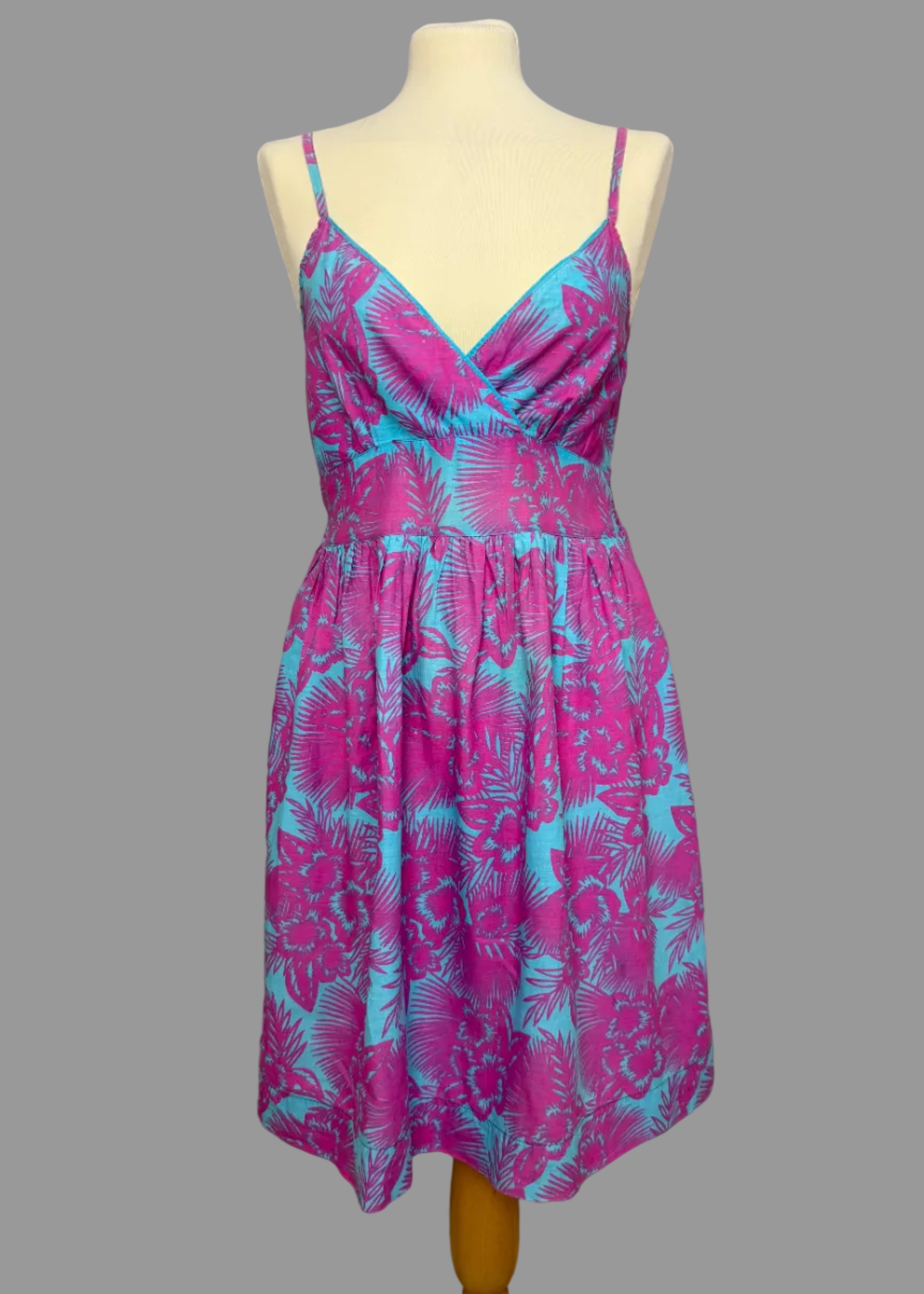 Papaya Pink & Blue Tropical Print Strappy Summer Dress UK14
