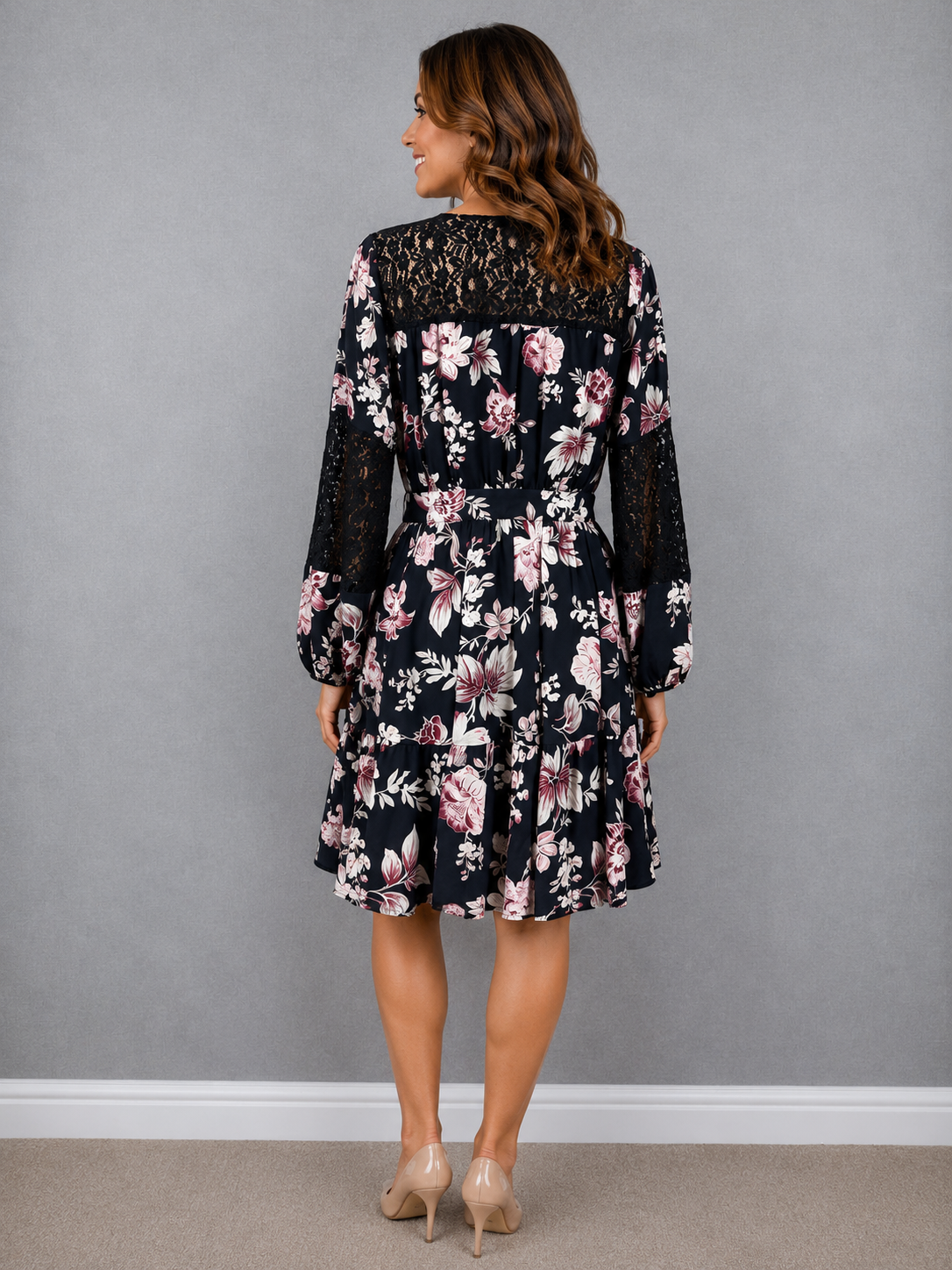 French Connection Black Floral Lace Skater Dress Size 12 – Preloved