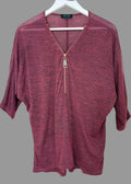 New Look Burgundy Top Half Zip 3/4 Sleeve Jersey Dip Hem Small