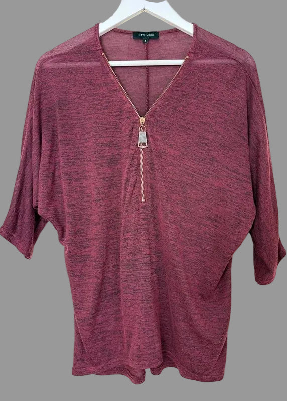 New Look Burgundy Top Half Zip 3/4 Sleeve Jersey Dip Hem Small