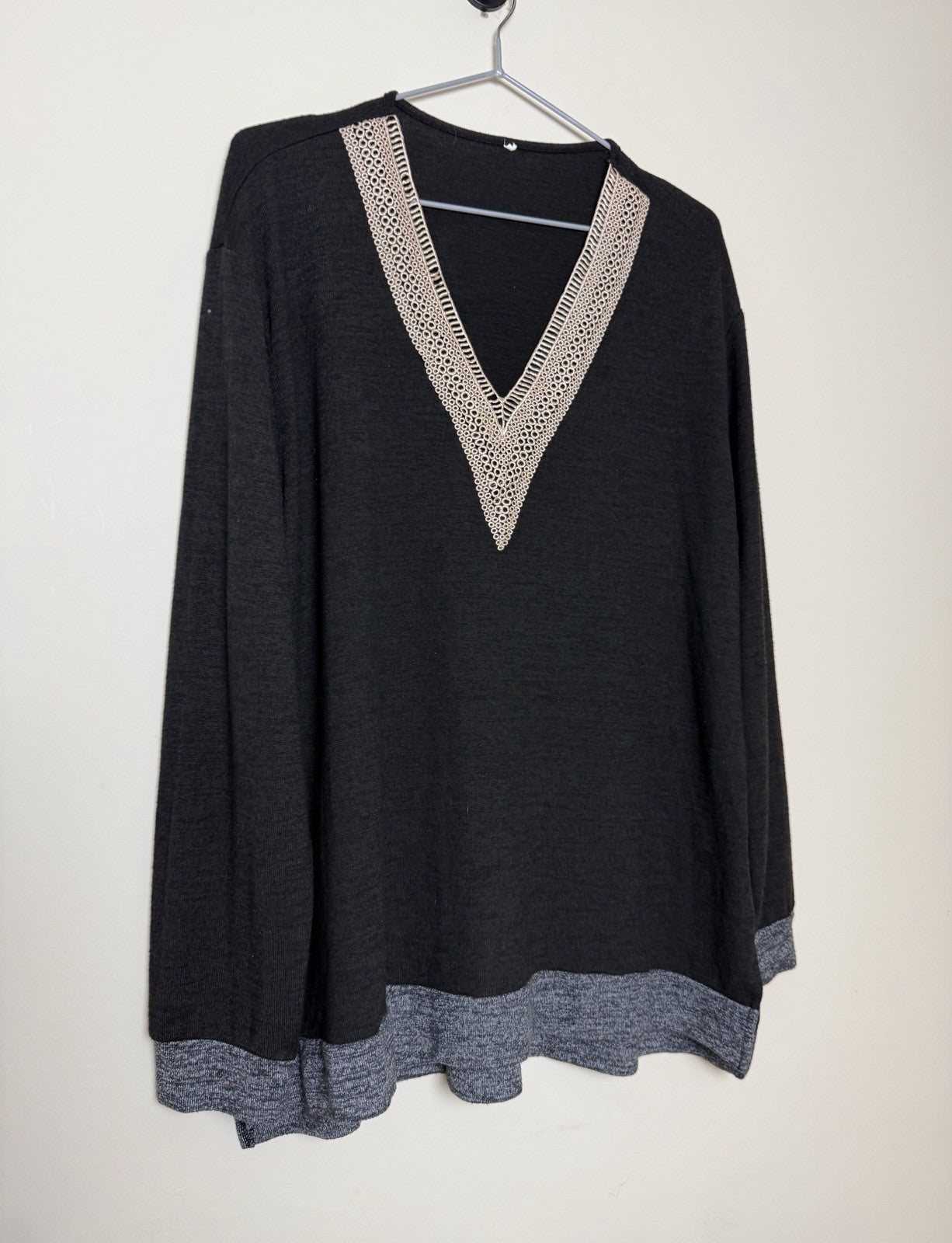 Black V Neck Lace Detail Long Sleeve Top - XL