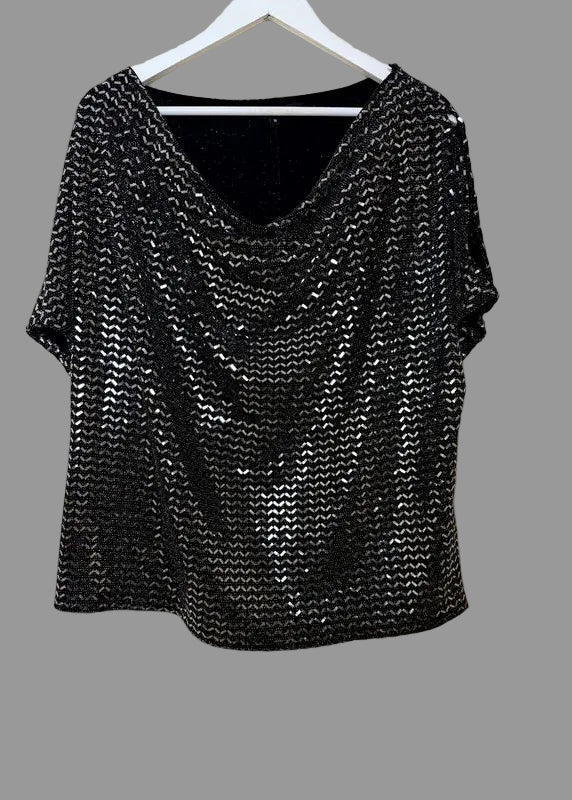 Envy Metallic Ruched Party Top Black Silver Shimmer Short Sleeve UK 18