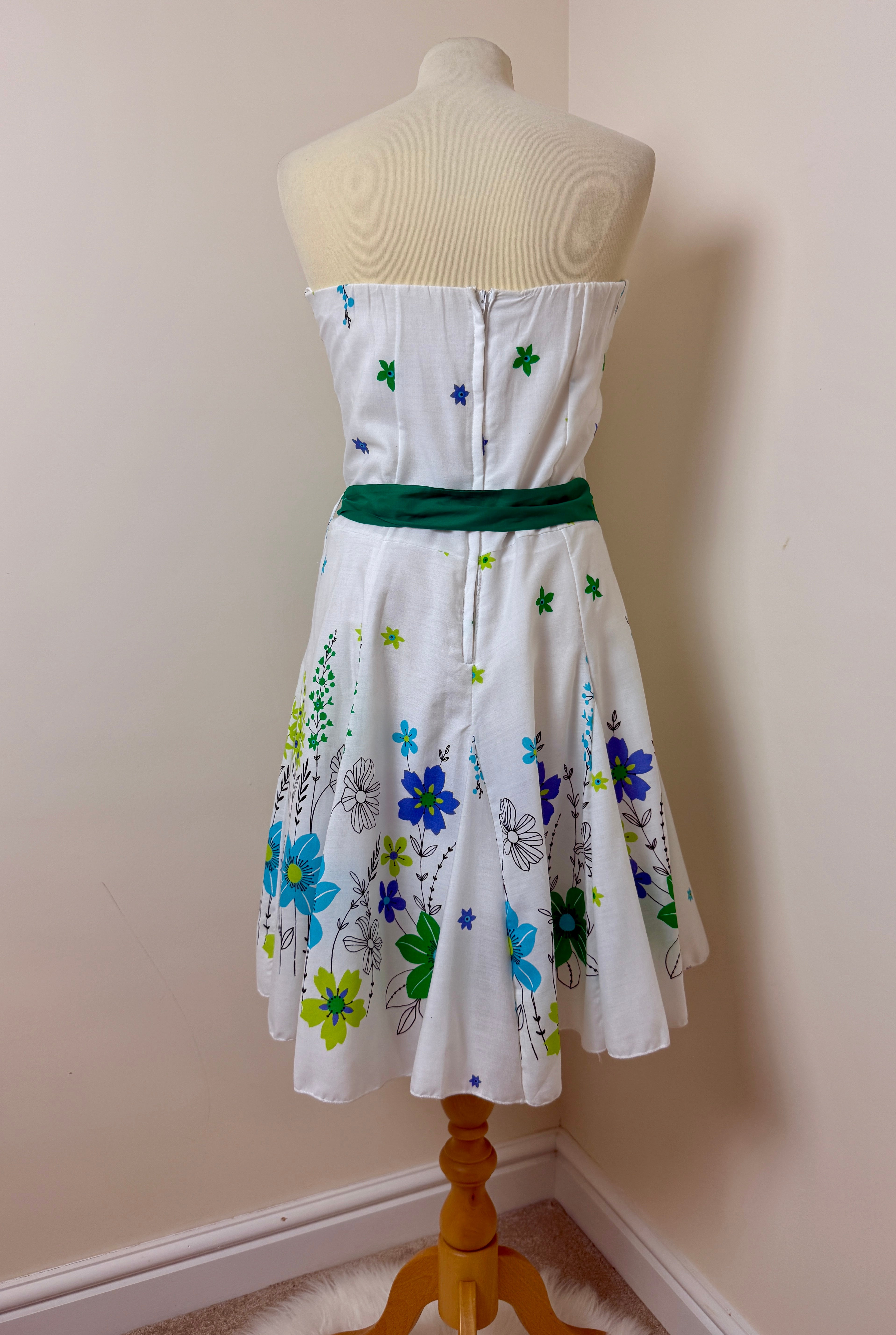 Vintage Style Floral Bandeau Cotton Dress UK14 Retro Summer Occasion Dress