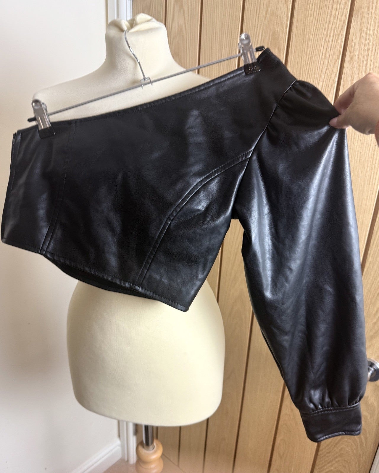 ASOS Black Faux Leather One Shoulder Crop Top  - Size 8