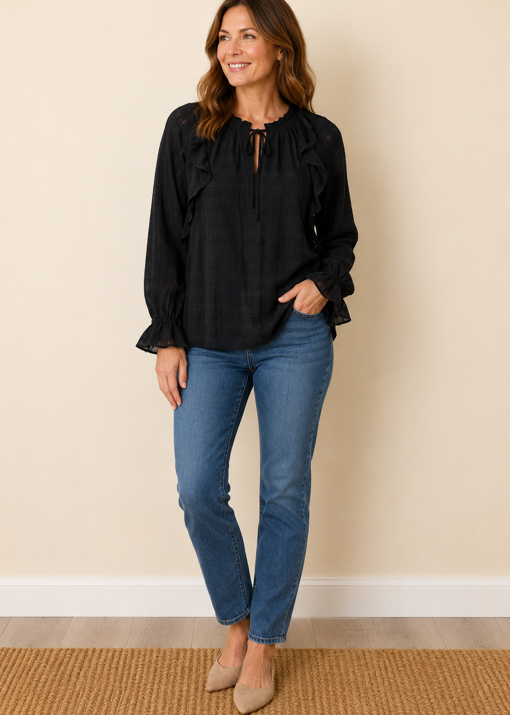 Nobody’s Child Black Ruffle Neck Textured Blouse UK 12 - Preloved
