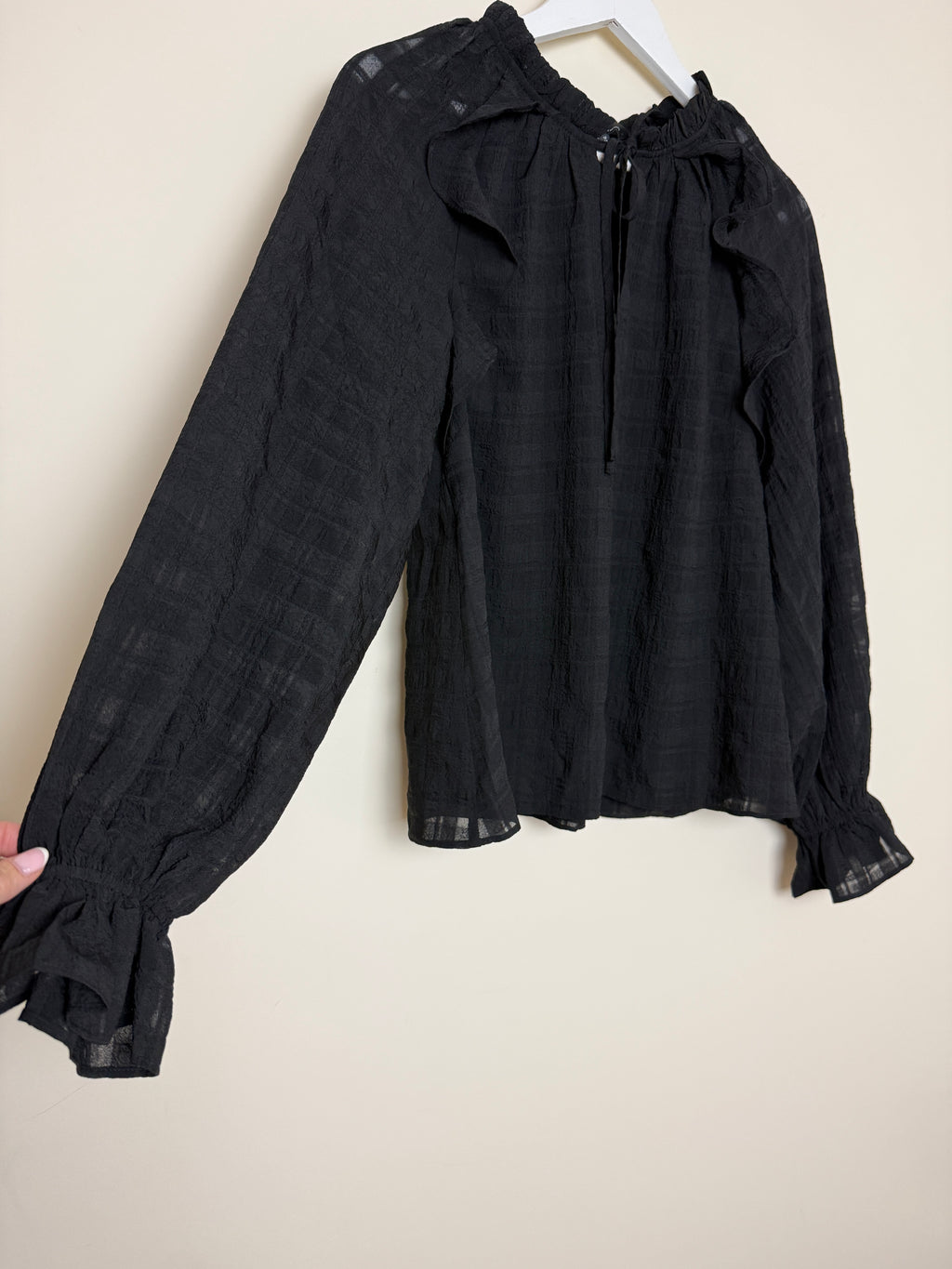 Nobody's Child Black Macy Blouse Balloon Sleeves & Tie Neck - UK12
