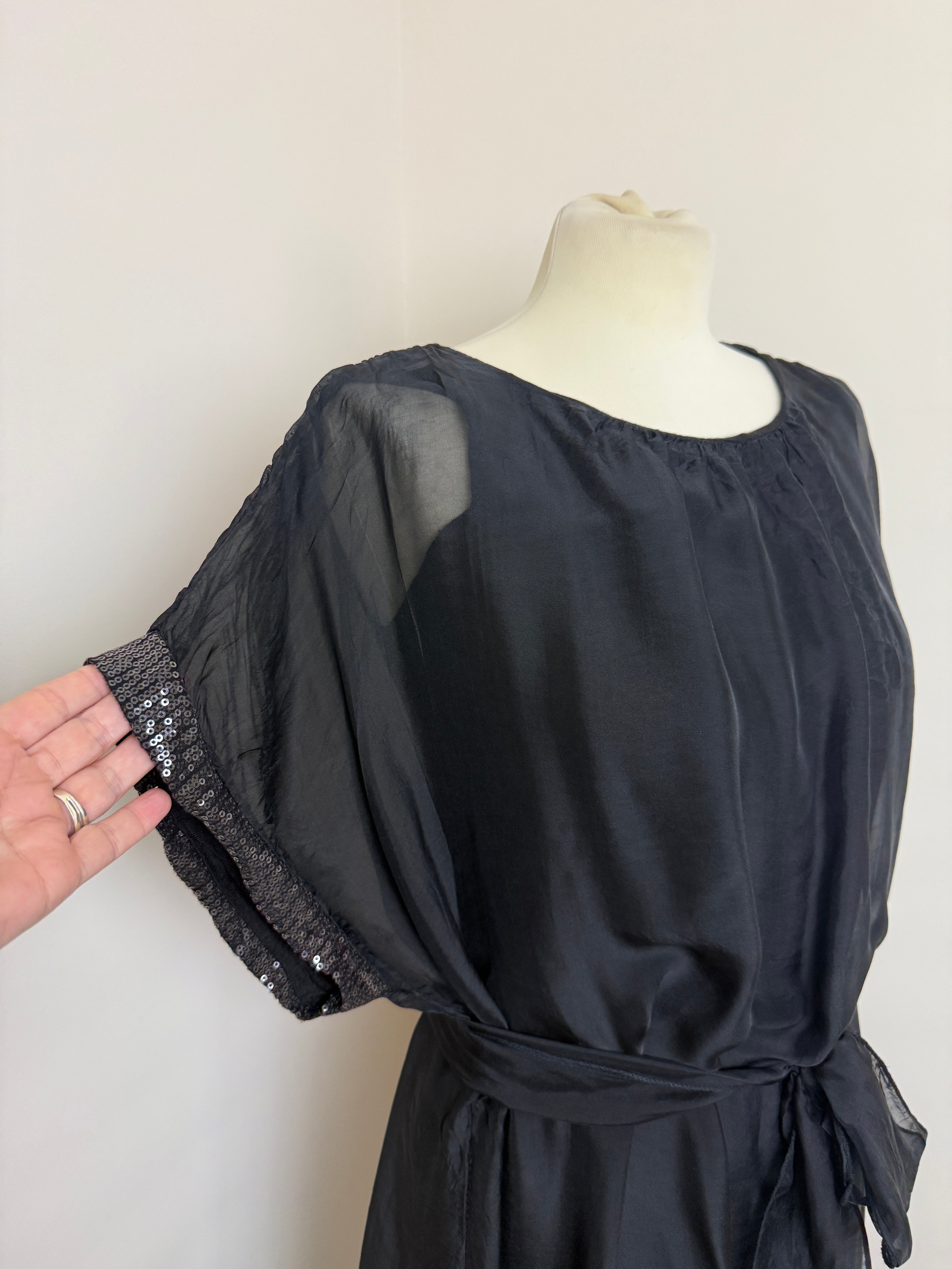 Santa Made In Italy Black Sheer Sequin Sleeve Midi Dress