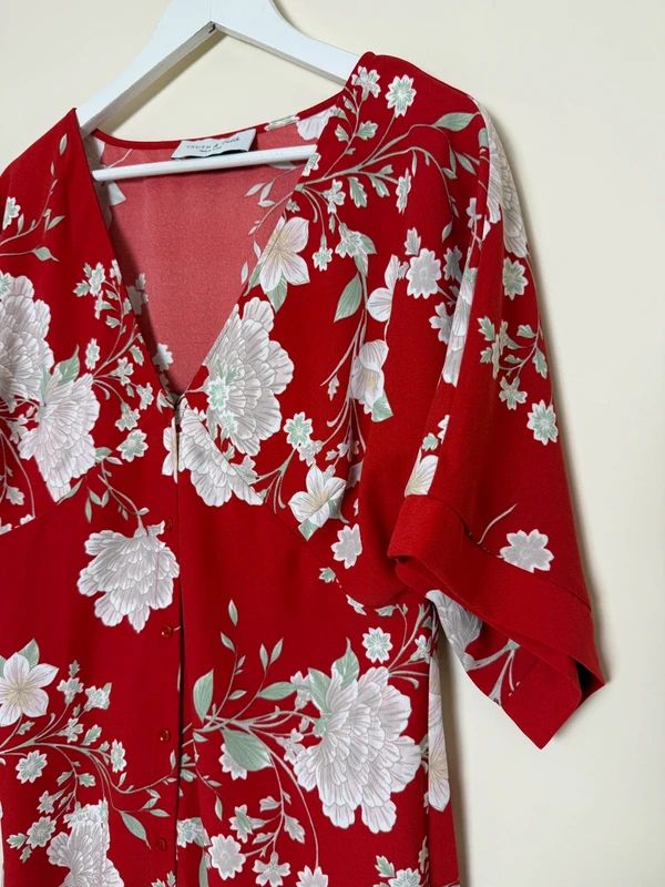 Truth & Fable Red Oriental Floral Kimono Style Midi Dress V Neck XL