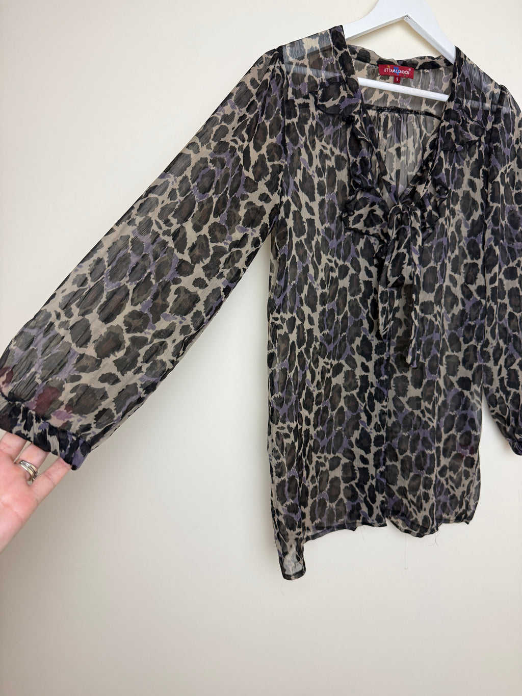 Uttam London Purple Grey Leopard Print Sheer Tie Neck Blouse Small