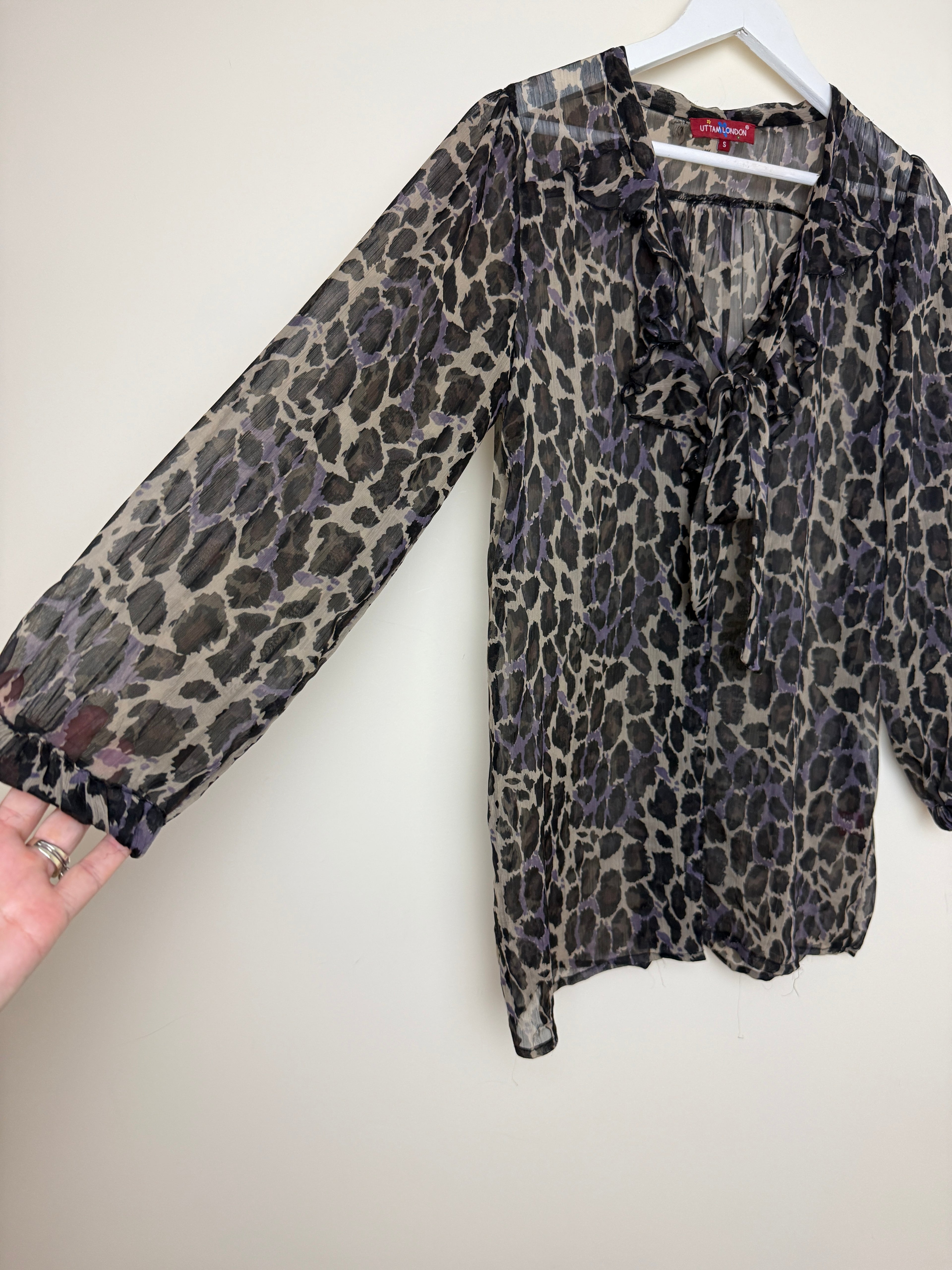 Uttam London Purple Grey Leopard Print Sheer Tie Neck Blouse Small