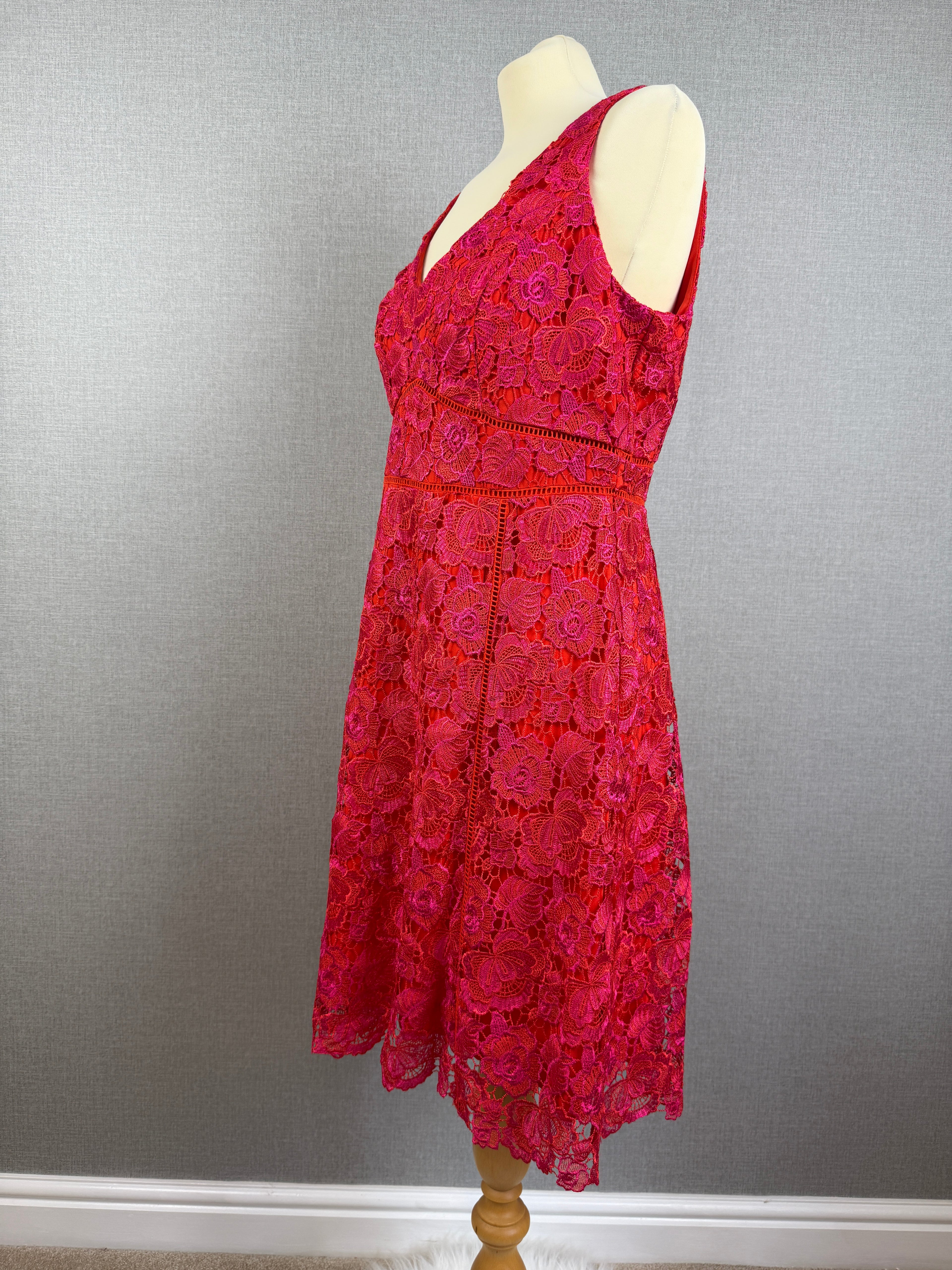 Monsoon Coral Pink Floral Lace Occasion Dress Size 14 - Preloved