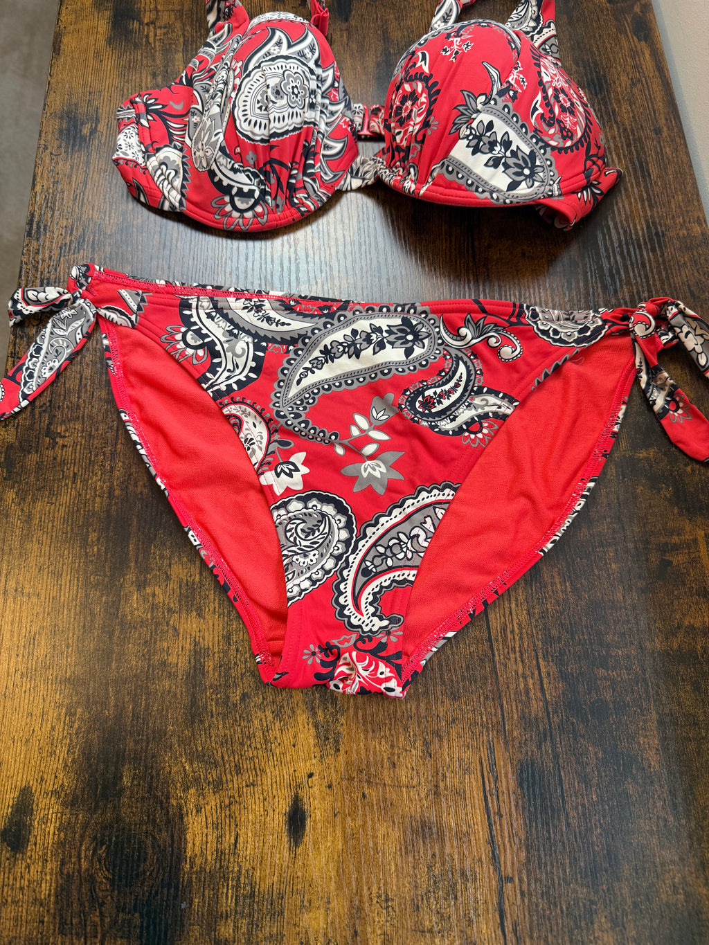 M&S Red Paisley Underwired Bikini Set 36E Top UK 16 Tie Side Swimwear
