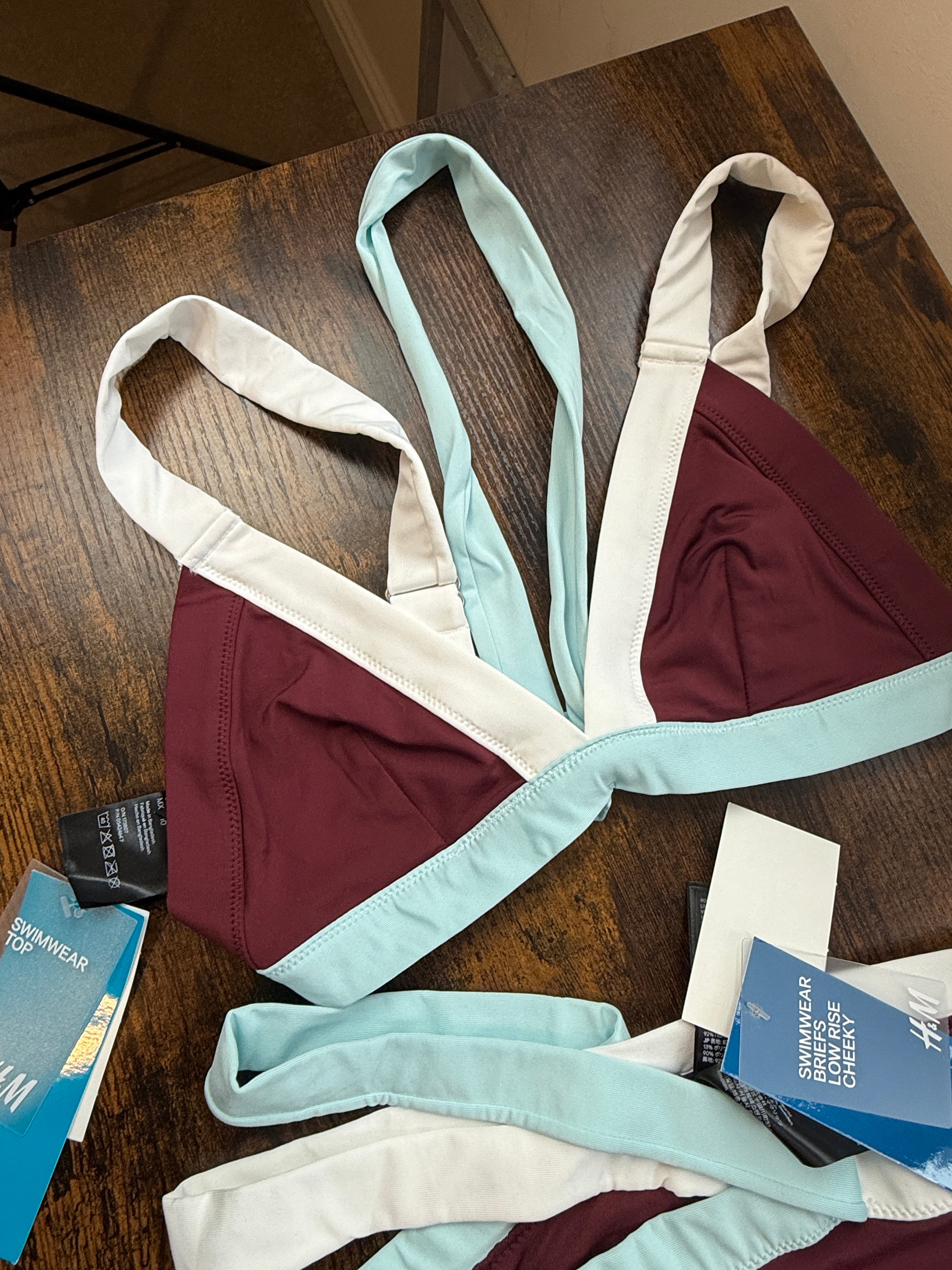 BNWT H&M Burgundy Contrast Trim Bikini Set UK 14 Top UK 16 Bottoms
