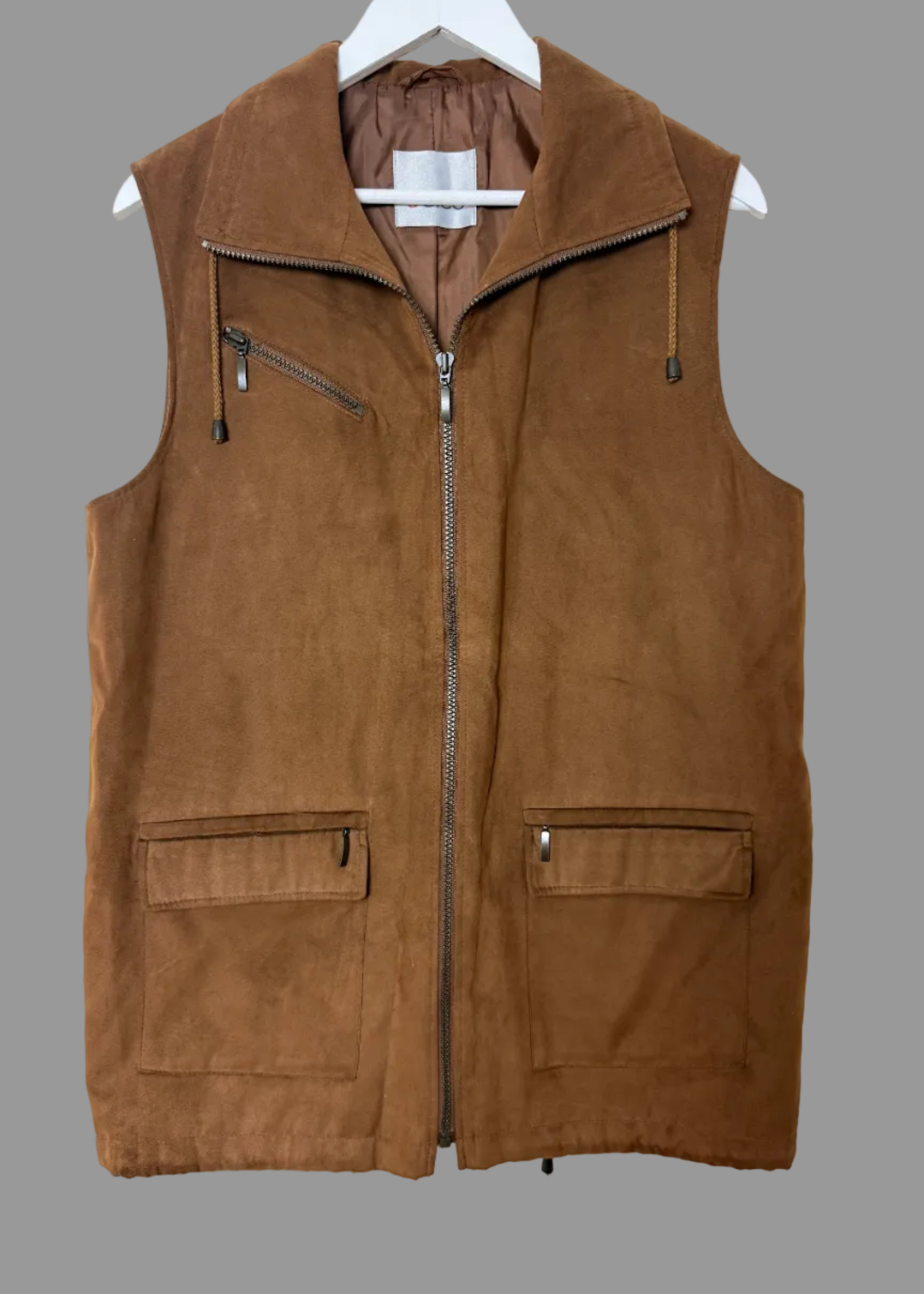 Gelco Bodywarmer Gilet Brown Faux Suede Cargo Vest Full Zip UK10