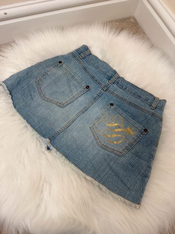 Girls Stuff Hilary Duff Y2K Patchwork Denim Micro Mini Skirt Studded Low Rise W24