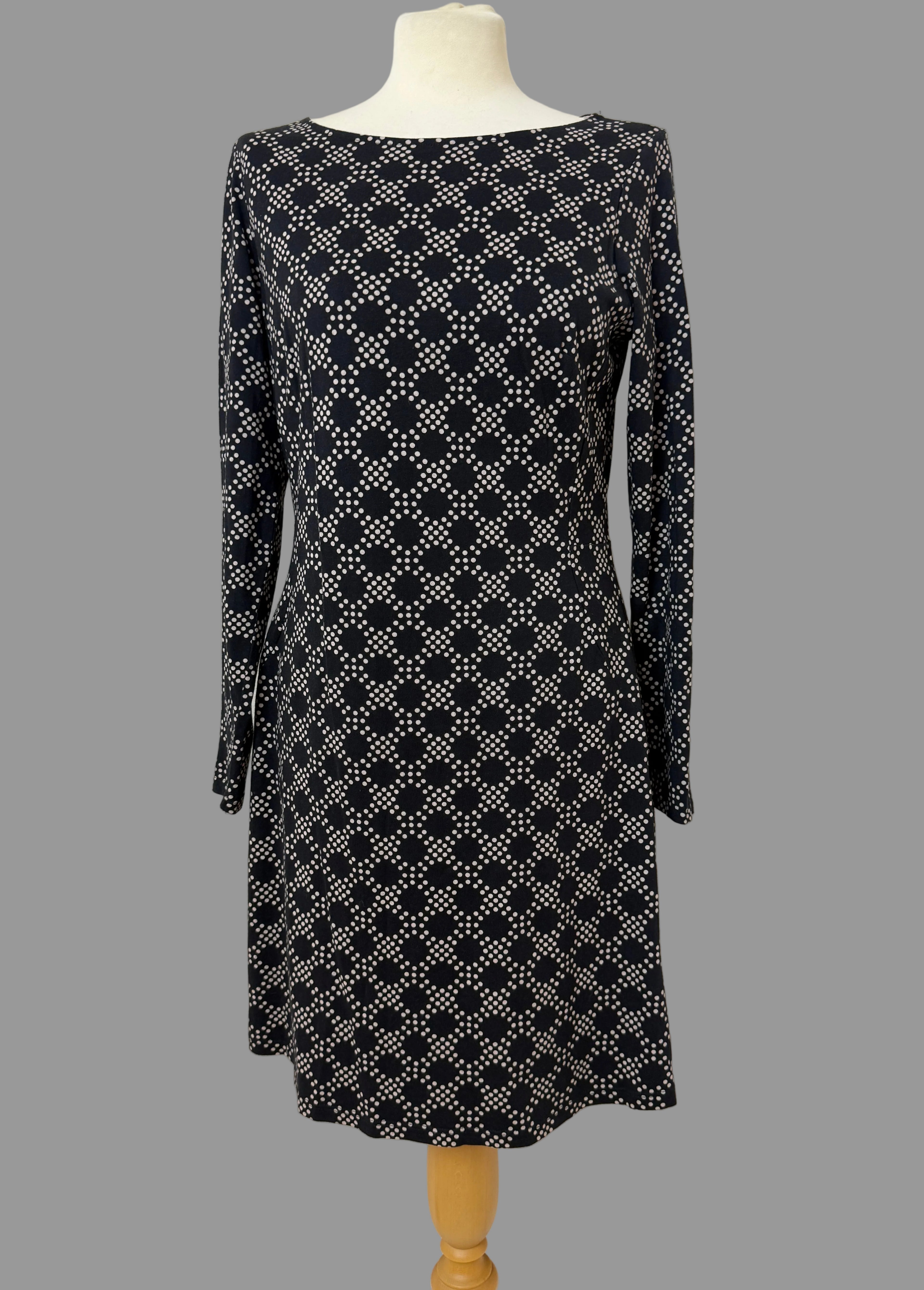 Boden Black Geometric Spot Print Long Sleeve Shift Dress UK 12L