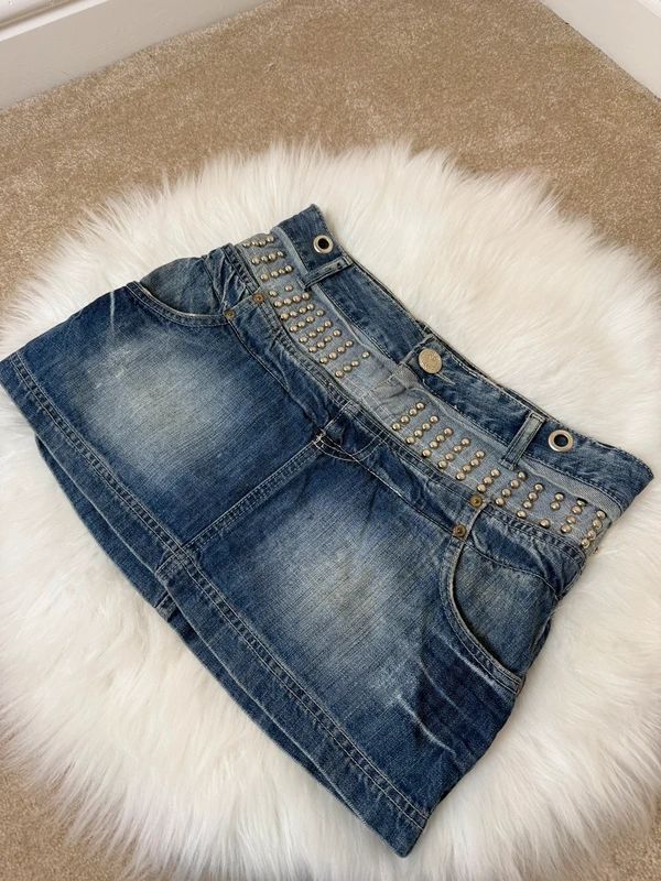 First Moon Y2K Grunge Denim Micro Mini Skirt Studded Distressed Pockets UK10