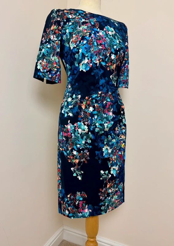 LK Bennett Marli Navy Blue Floral Print Dress with Ruched Waist – Occasion Smart Lined, UK 8, VGC