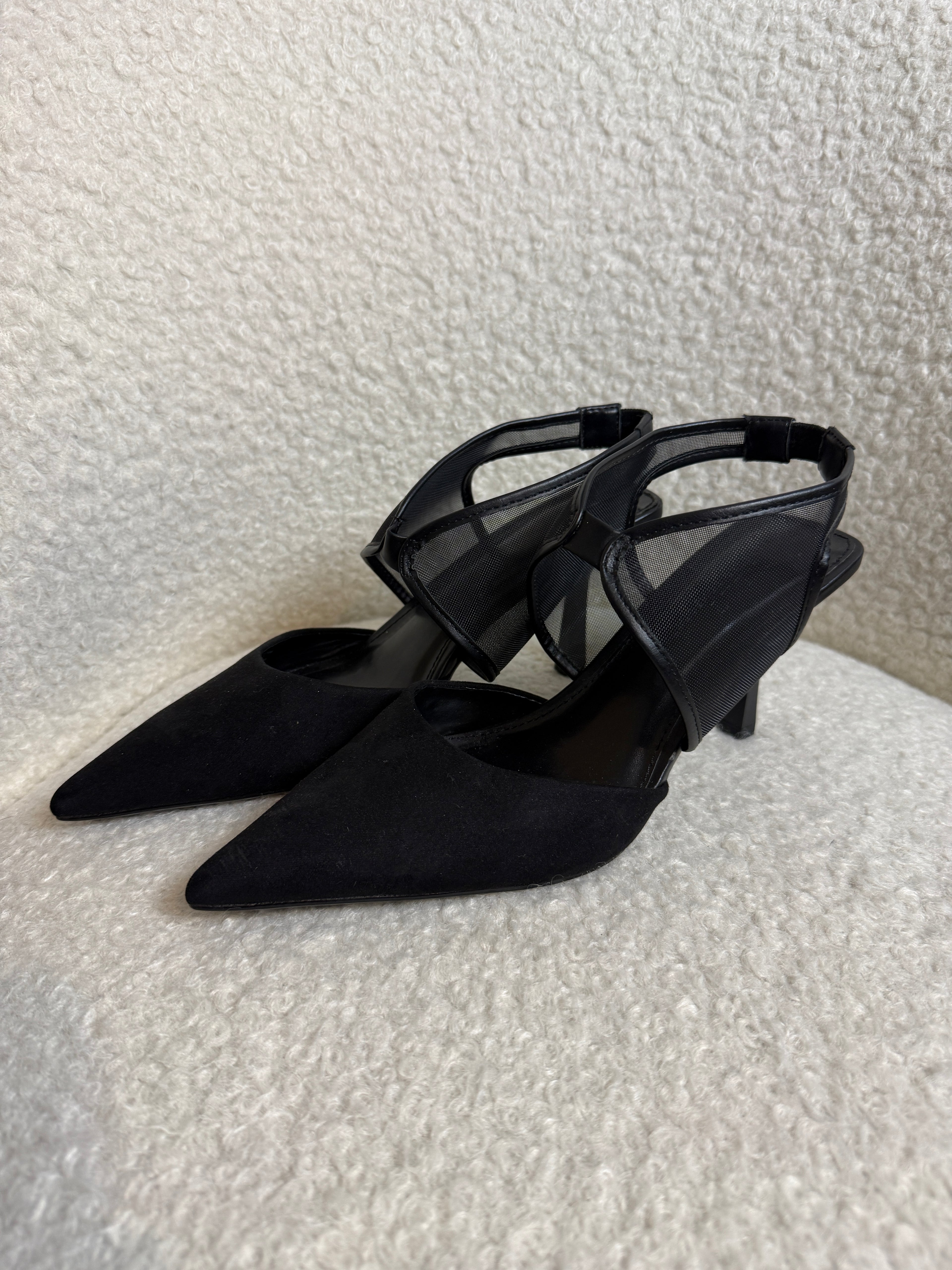 Next Forever Comfort Black Mesh Slingback Heels UK6 Pointed Cross Strap