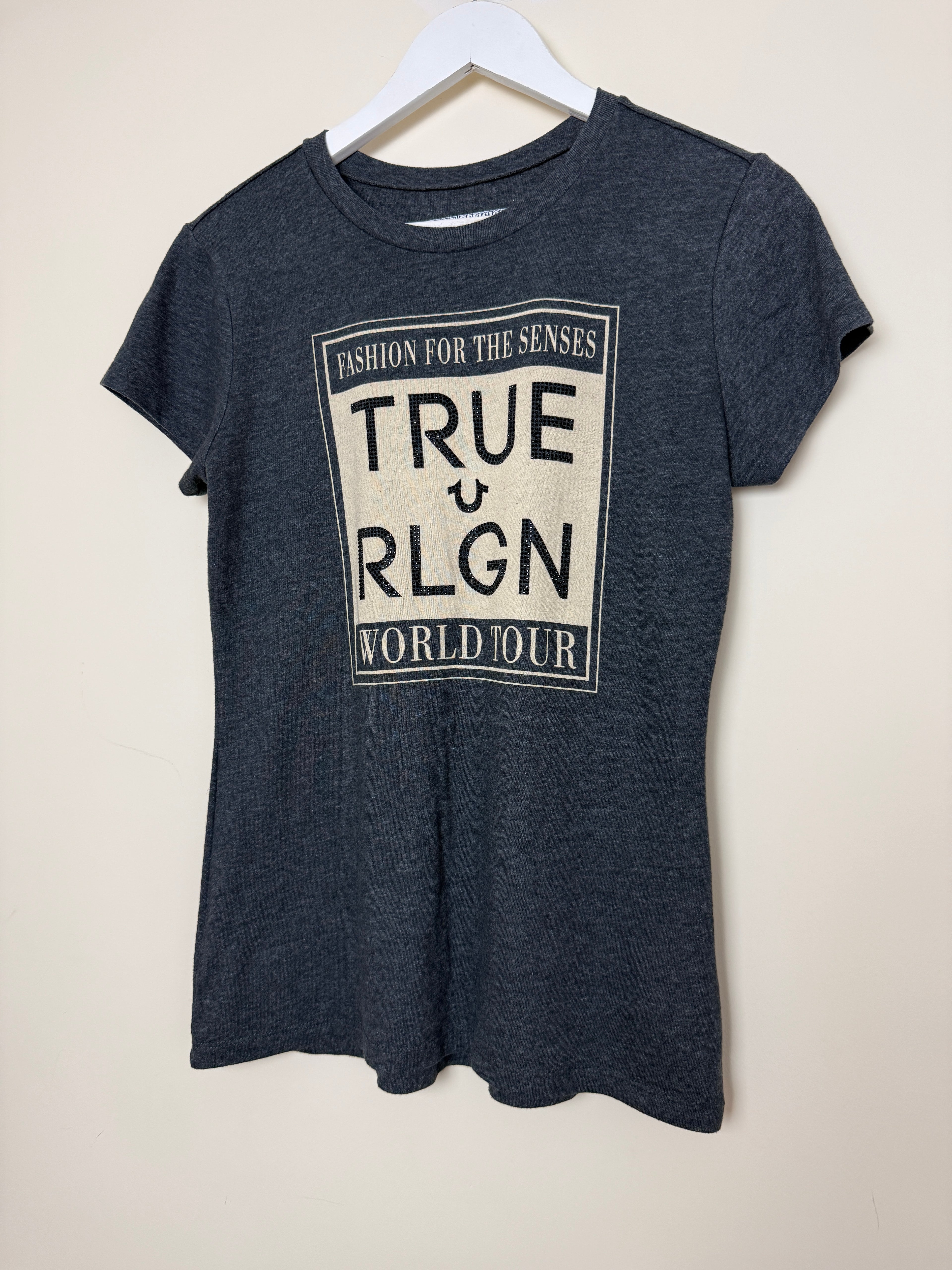 True Religion World Tour Graphic T Shirt Medium Charcoal Rhinestone