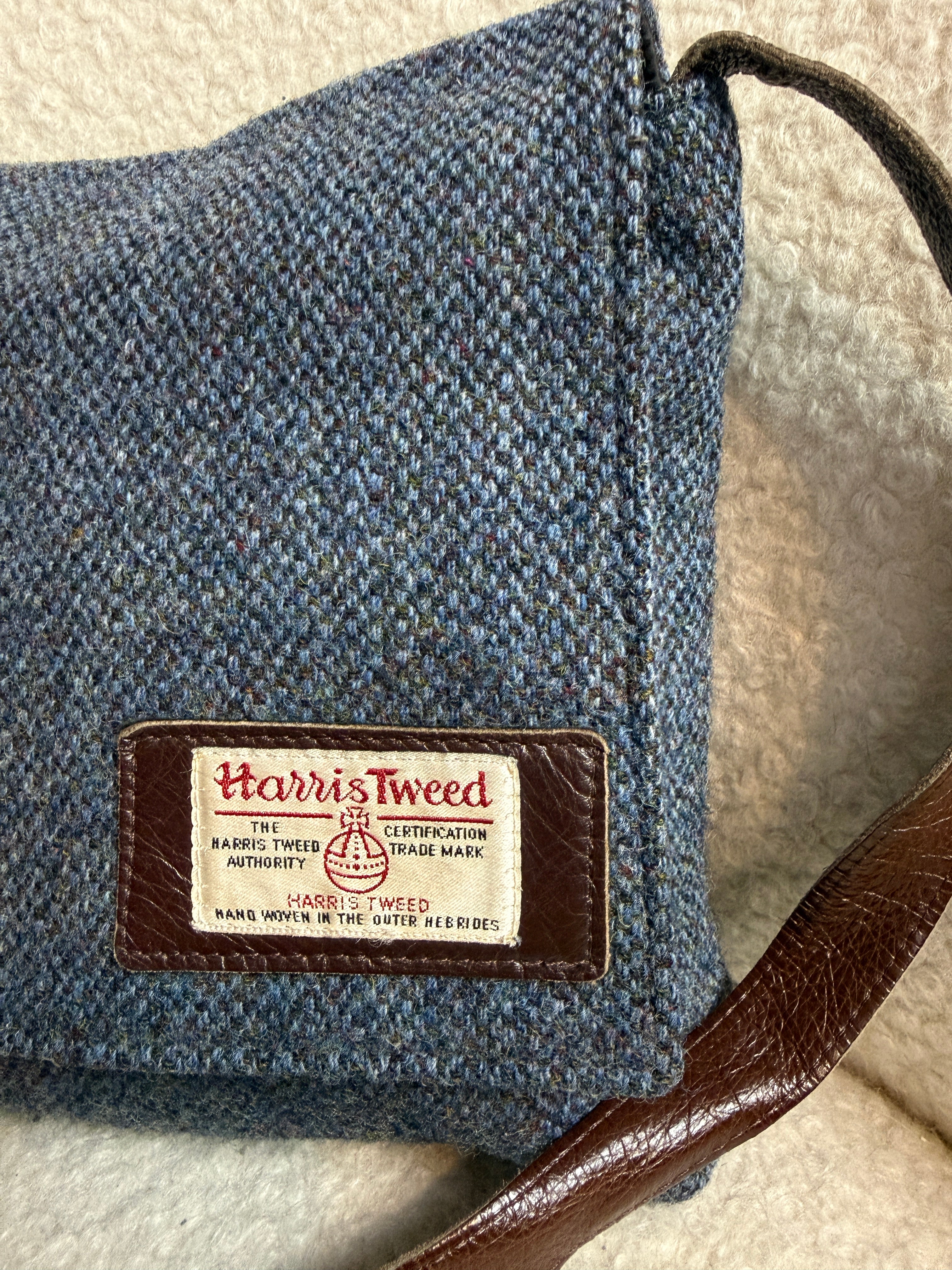 Harris Tweed Messenger Crossbody Bag Navy Herringbone Wool