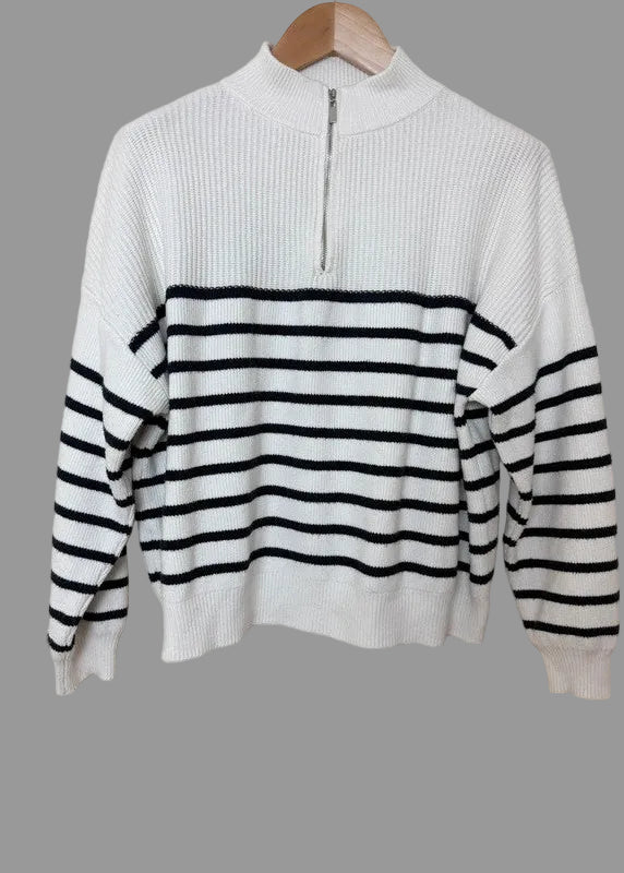 Mango White Black Striped Oversized Ribbed Jumper - Small
