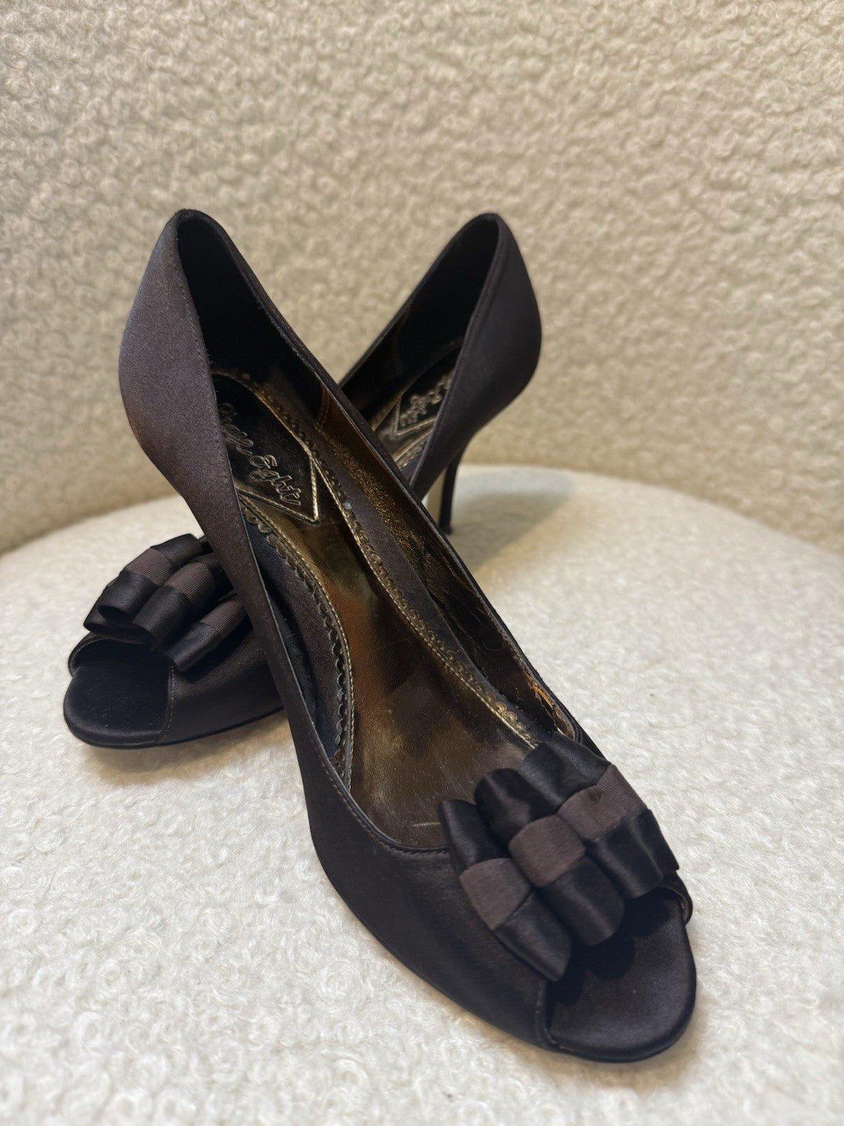 Phase Eight Dark Brown Satin Ruffled Peep Toe Heels - UK4 EU37