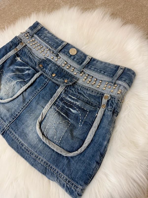 First Moon Y2K Grunge Denim Micro Mini Skirt Studded Distressed Pockets UK10