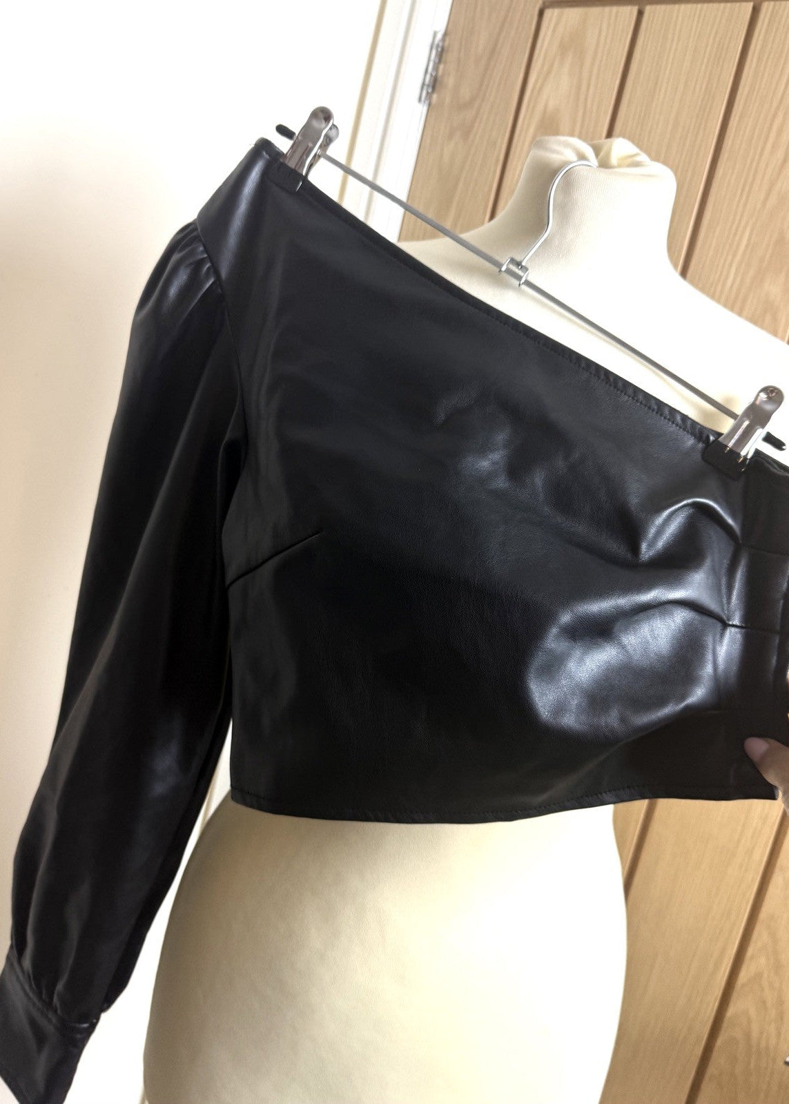 ASOS Black Faux Leather One Shoulder Crop Top  - Size 8