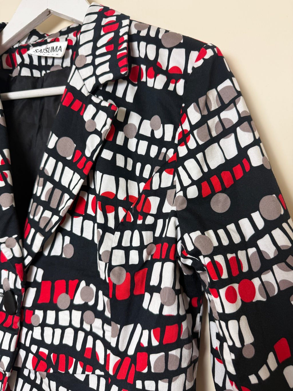 Satsuma London Jacket Red Black White Abstract Geometric 3/4 Sleeve UK14