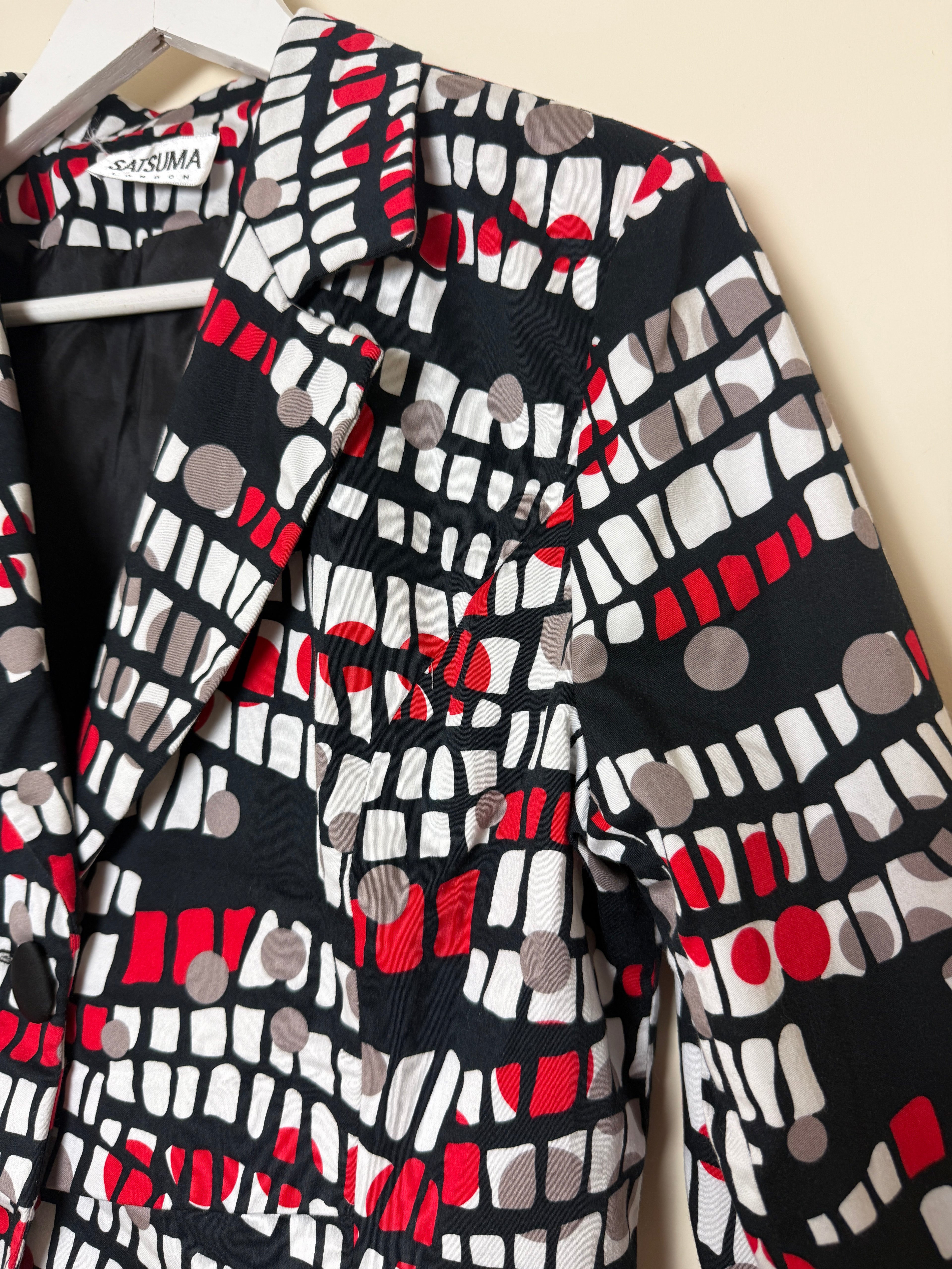Satsuma London Jacket Red Black White Abstract Geometric 3/4 Sleeve UK14
