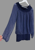 Made In Italy Navy Blue Sheer Polka Dot Balloon Sleeve Blouse Medium