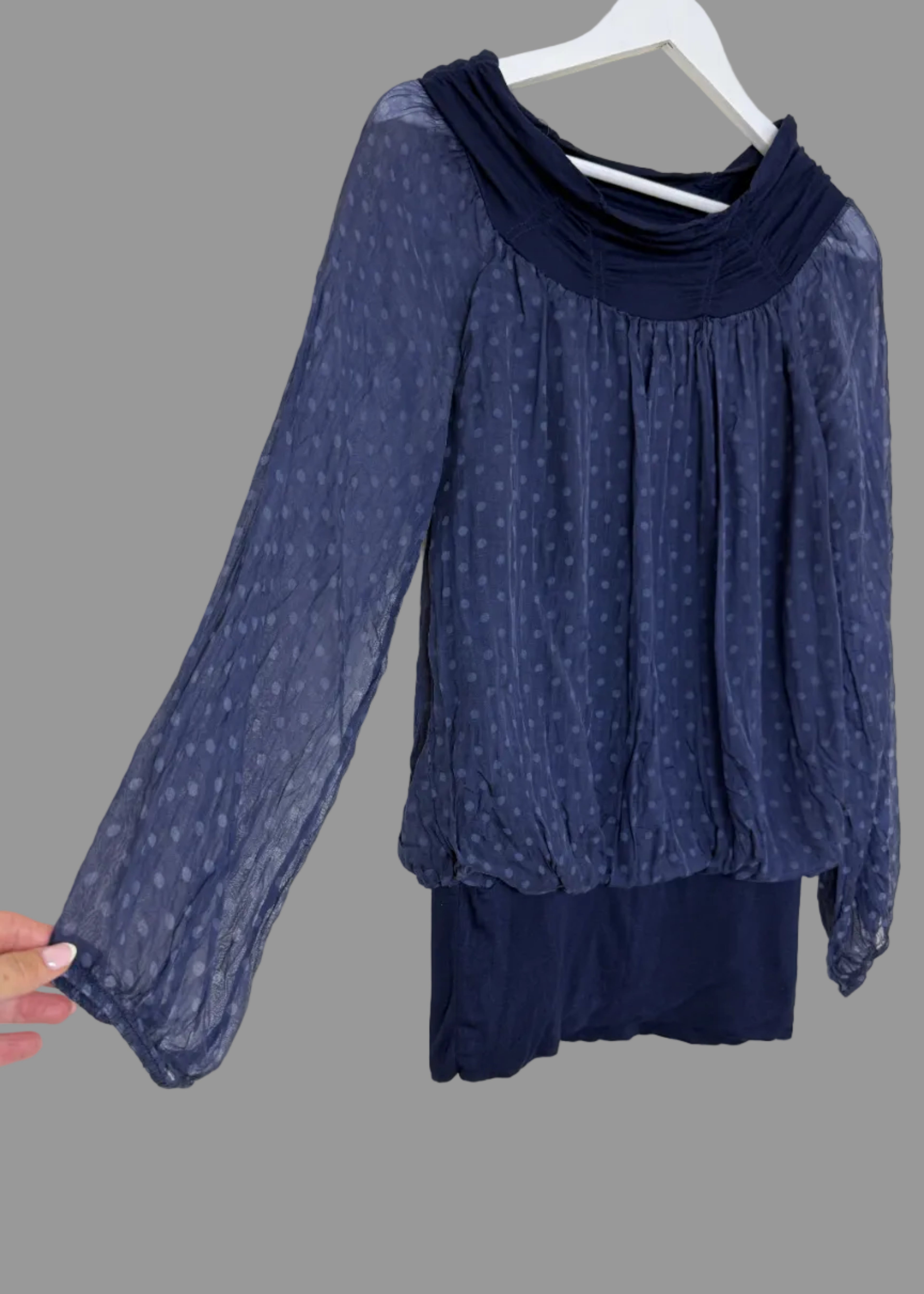 Made In Italy Navy Blue Sheer Polka Dot Balloon Sleeve Blouse Medium