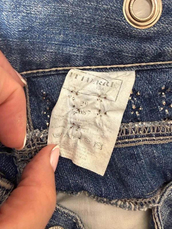 First Moon Y2K Grunge Denim Micro Mini Skirt Studded Distressed Pockets UK10