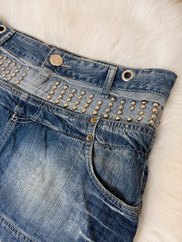 First Moon Y2K Grunge Denim Micro Mini Skirt Studded Distressed Pockets UK10