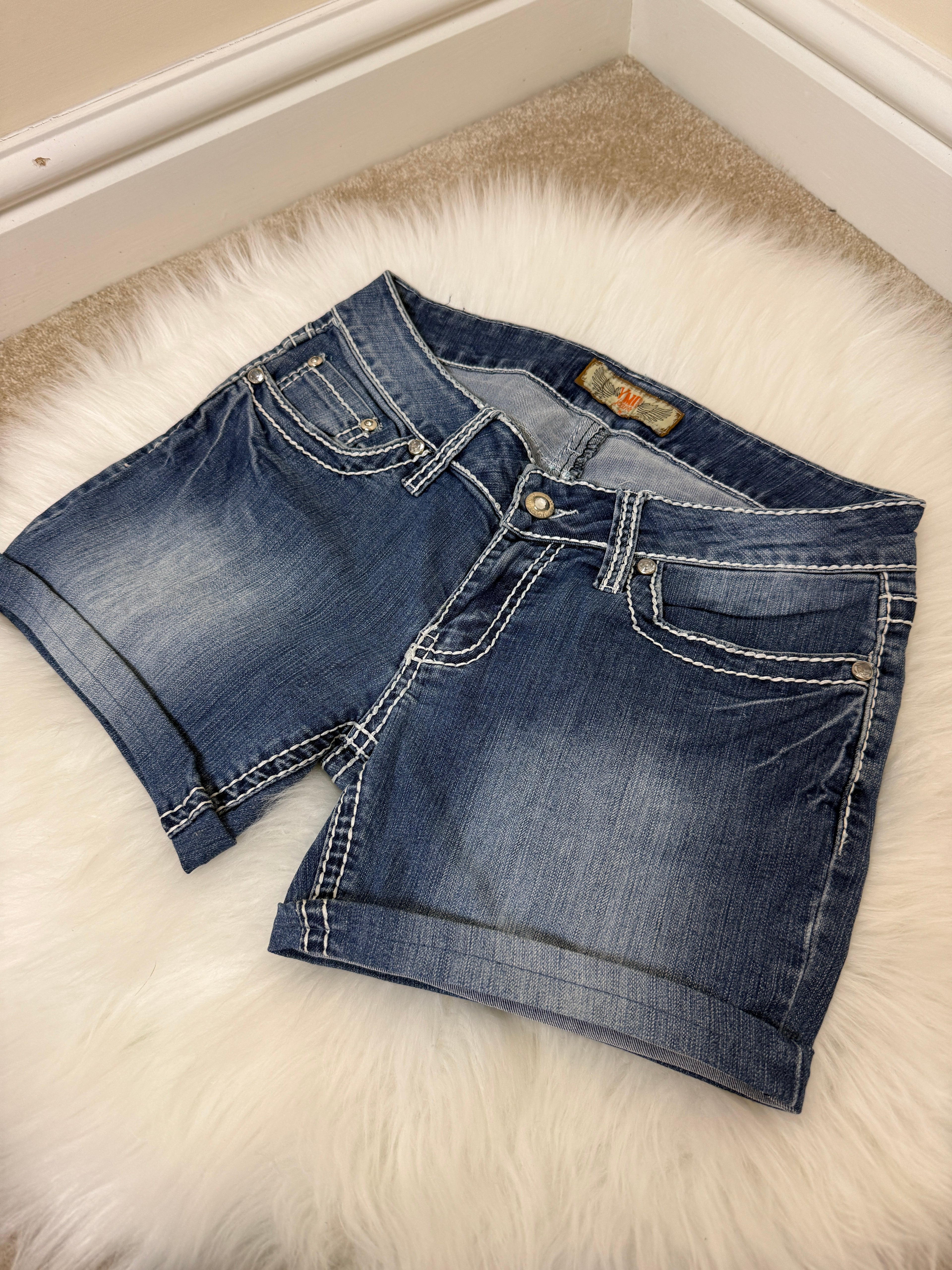 YMI Wannabetterbutt Y2K Western Denim Shorts Dark Wash Contrast Stitch Stud Detail UK10