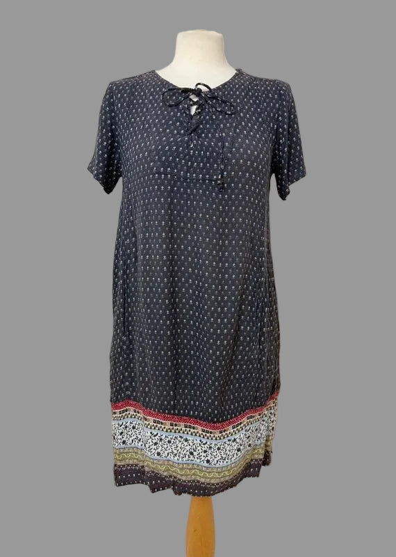 Fat Face Dark Purple Patterned Shift Dress Boho Lace Up Pockets UK6