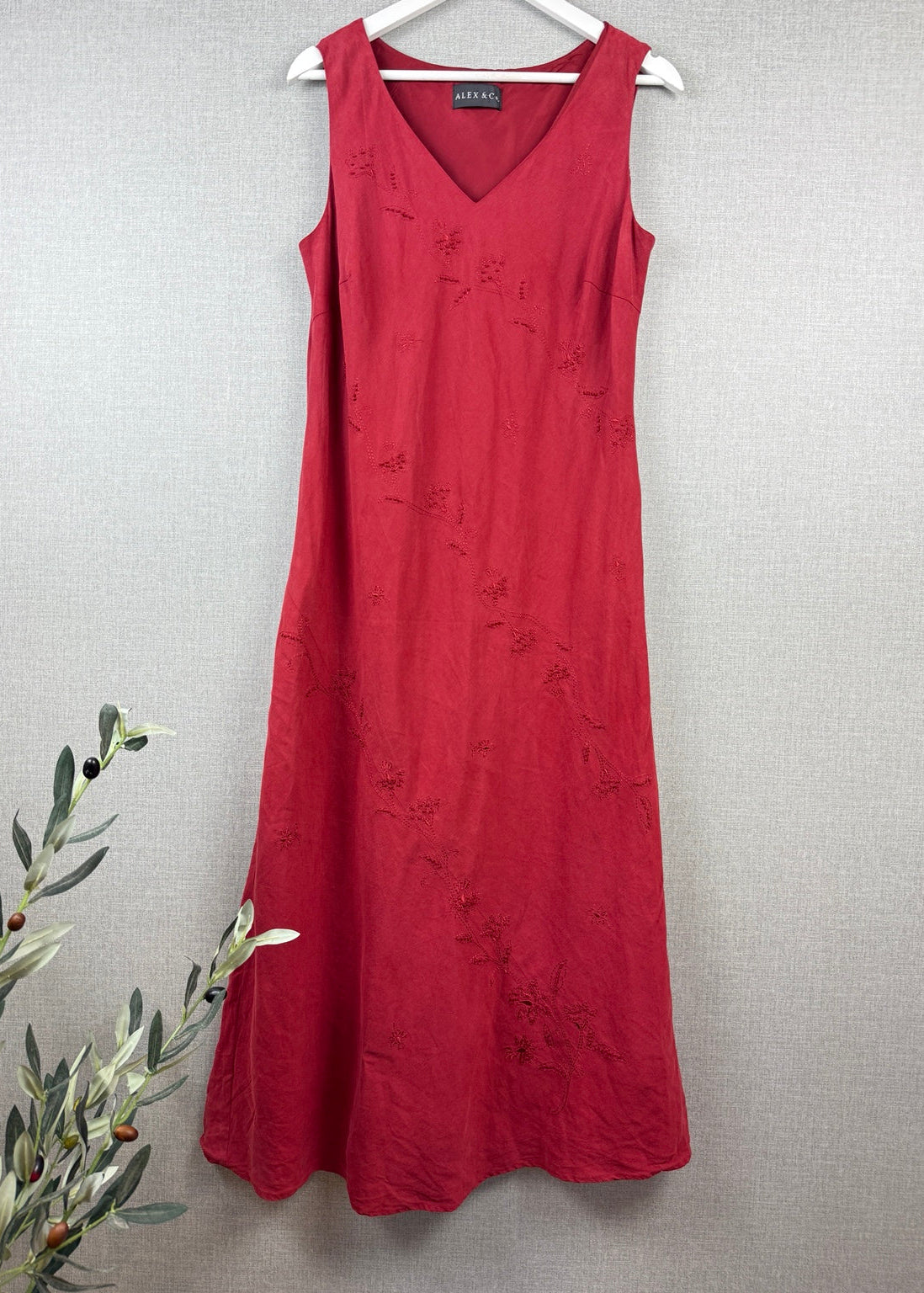 Alex & Co Red Silk Linen Floral Embroidered A-Line Dress – UK 16 – Pre-Loved