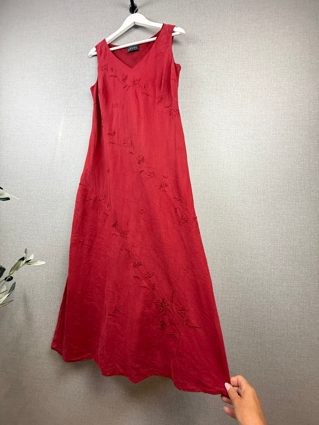 Alex & Co Red Silk Linen Floral Embroidered A-Line Dress – UK 16 – Pre-Loved